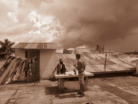 Peycho and Misha, kickin' it at a rustic rooftop in Iquitos